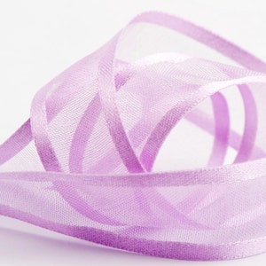 Cinta transparente de organza con bordes satinados en color lavanda y niebla lila: longitudes cortadas o carrete completo