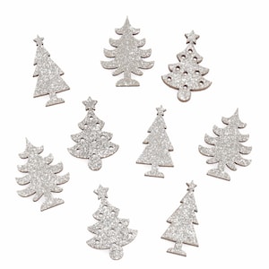 9 x houten mini-kerstbomen met glitters - zelfklevende kerstversieringen