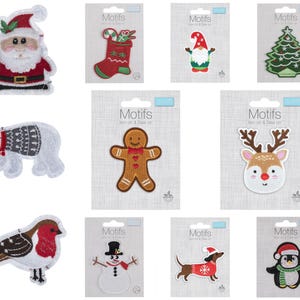 May include: Assortment of iron-on and sew-on Christmas themed patches. The patches include a Santa Claus, a gingerbread man, a polar bear, a reindeer, a snowman, a dachshund, a penguin, a Christmas tree, and a stocking.