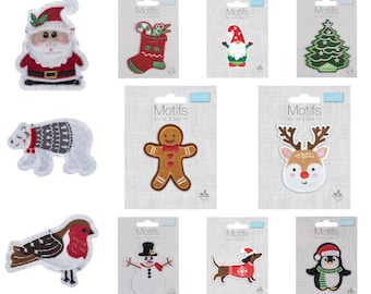 Christmas Craft Motifs - Iron On & Sew On Festive Applique - Xmas Patch - Penguin, Santa, Tree, Snowman, Stocking, Gonk, Gingerbread Man