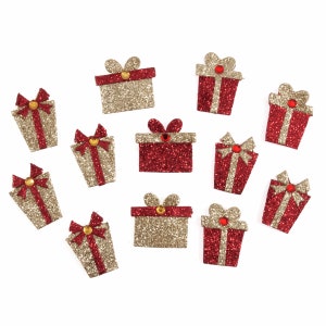 12 mini rode en gouden glittercadeautjes zelfklevende kerstversieringen