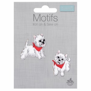 May include: Two white embroidered iron-on or sew-on patches of West Highland White Terriers wearing red bandanas. The patches are on a gray background with the text "Motifs Iron on & Sew on" and "Trimits" in white.