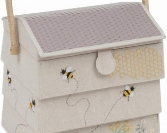 HobbyGift Large Shaped Sewing Box - Embroidered Bee Hive Design - Hobby Crafts Storage Basket