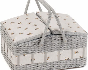 HobbyGift Twin Lid Large Sewing Hamper Box - Bees Design - Hobby Crafts Storage Faux Wicker Basket