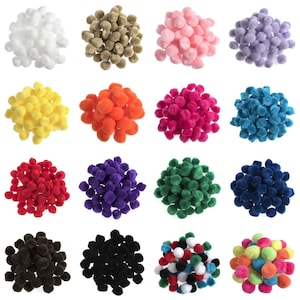 May include: Assortment of 16 pom poms in various colours, including white, brown, pink, purple, yellow, orange, red, blue, green, black, and multi-coloured. The pom poms are arranged in four rows of four.