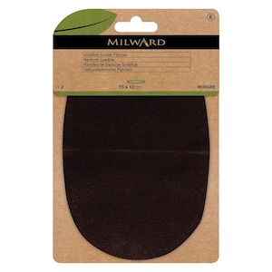 May include: Brown imitation suede patches, 15 cm x 10 cm, packaged on a cardboard backing. The package includes the brand name "MILWARD" and the text "Imitation Suede Patches".