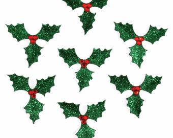 7 Pack Self Adhesive Glitter Holly Leaves - Christmas Craft Embellishments
