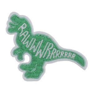 May include: Green embroidered iron-on patch of a dinosaur with the word "RAWR" written in white on the body.
