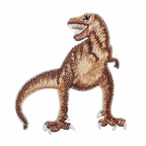 May include: Embroidered brown dinosaur patch with white stitching. The dinosaur is standing on its hind legs with its mouth open and its tail curled behind it.