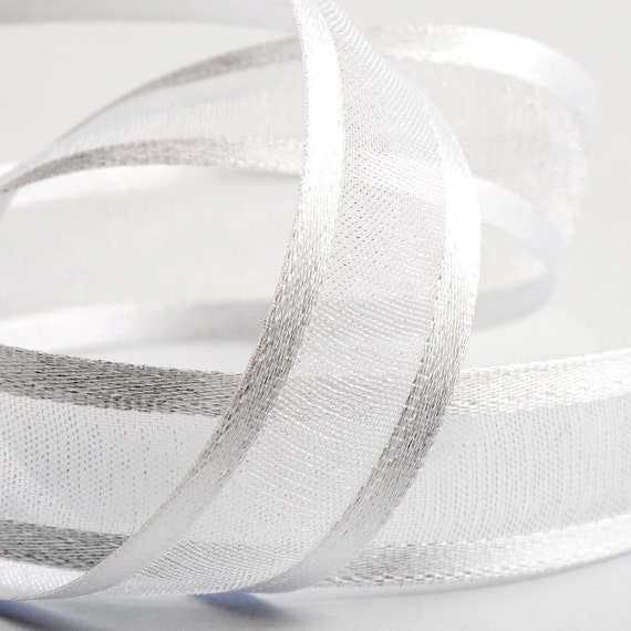 White Organza Ribbon With Satin Edges and Gold Stripe 1 1/2 Inch x 25 Yards