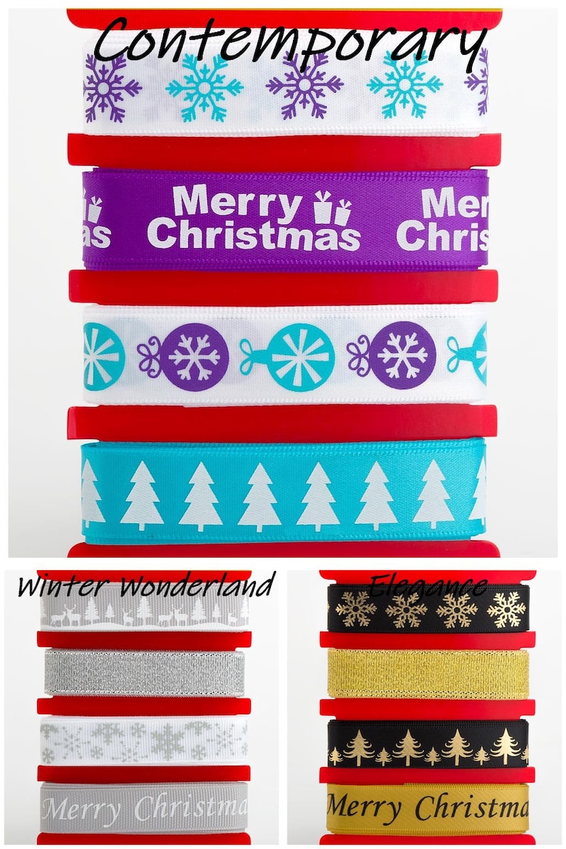 K&ouml;nnte beinhalten: Sortiment an Weihnachtsb&auml;ndern mit verschiedenen Designs, darunter Schneeflocken, Weihnachtsb&auml;ume, Ornamente und der Text "Frohe Weihnachten".
