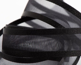 Black Satin Edged Organza Sheer Ribbon - Cut Lengths of 1m