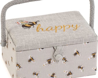 HobbyGift ミディアムソーイングボックス - Bee Happy刺繍デザイン - ホビークラフト収納バスケット