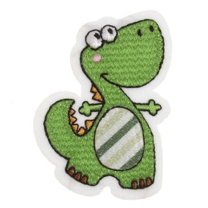 May include: Green embroidered iron-on patch of a cartoon dinosaur with a striped belly and a friendly expression.