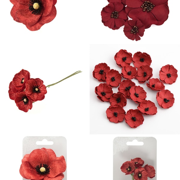 Poppies Mini Velvet & Paper 1, 5 6 Pack Floral Decorations Cards Remembrance Day