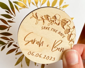 Eucalyptus Wedding Save the Date Magnet: Wooden Foliage Design