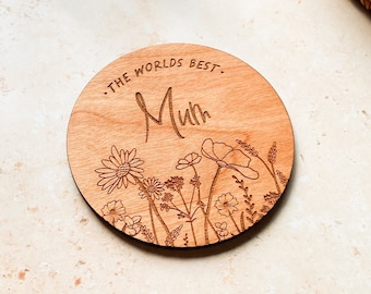 Mothers Day Coaster, Wooden Flower Coasters, Mothers Day Gift, 5 Year Wedding Gift, Housewarming Gift, Personalised Wooden Coaster