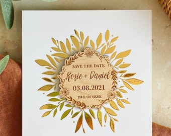 Save the Date Magnet Floral Wreath, Wooden Save The Date, Rustic Save The Date, Minimal Botanical Daisy Save The Date, Modern Save The Date