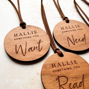 Personalised Wooden Christmas Gift Tags, Want Need Read Wear Share