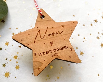 Personalised First Christmas Ornament, Baby First Christmas Ornament, Wooden Baby Star Ornament, New Baby Ornament, Baby Christmas Bauble