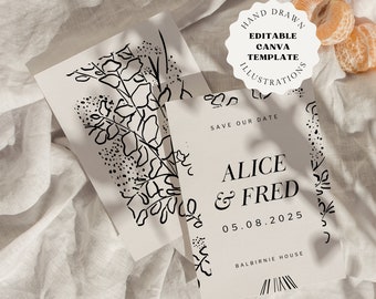 Floral Save the Date Template: Hand Drawn Minimalist Design (Digital)