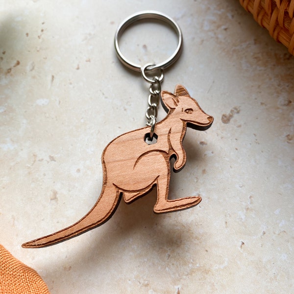 Kangaroo Keyring, Wooden Keyring, Cute Animal Keyring, Stocking Filler, Animal Keychain, Cute Kangaroo, Animal Lover Gift