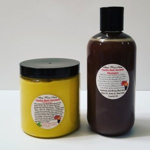 May include: Two jars of hair care products. A yellow jar labeled "Chebe Hair Growth Pomade" and a brown jar labeled "Chebe Hair Growth Shampoo". Both jars have black lids and are labeled with the brand name "Happy Being Happy".