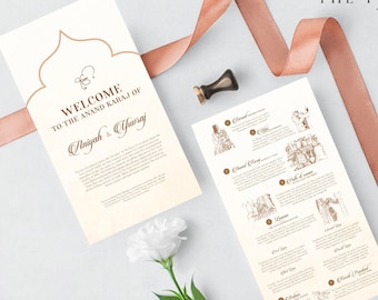 May include: A white wedding ceremony program with brown text and illustrations. The program includes a welcome message, the names "Aniyah & Yuvaraj", and a description of the Anand Karaj ceremony. The program is decorated with a brown arch design.