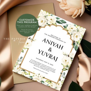 May include: A white wedding ceremony programme with gold accents and white flowers. The programme is for Aniyah & Yuvraj and is scheduled for Saturday, 13 May 2025.