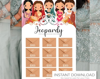 May include: A printable game board for a wedding-themed Jeopardy game. The board has a light blue background with brown envelopes and white text. The envelopes are labeled with dollar amounts: $100, $200, $300, and $500. The text on the board says "Jeopardy" and "Special Wedding Edition".