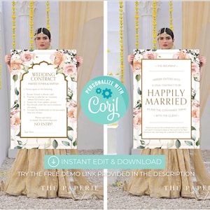 May include: A printable wedding contract sign with a floral design. The sign says "Wedding Contract" and "Parties: Vuvraj & Aniyah". The sign also includes a list of wedding vows and a "No Entry" sign.