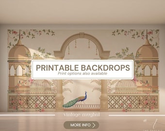 May include: Printable backdrop featuring a vintage Mughal design with a peacock in the center. The backdrop is beige with intricate details and floral patterns. The text "Printable Backdrops" and "Print options also available" is displayed on the image. The text "vintage mughal" and "MORE INFO" is also displayed on the image.