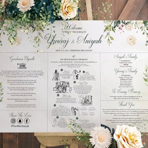 Peut inclure: Panneau de bienvenue de mariage avec les noms "Gurvaj & Aniyah" et des décorations florales. Le panneau détaille l'étiquette du mariage sikh, la cérémonie et un message de remerciement. Le design comprend des fleurs et de la verdure.
