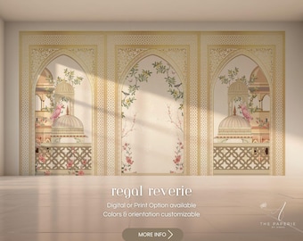 May include: A digital or print wallpaper design featuring three ornate archways with intricate details. The arches are decorated with floral patterns and pink birds. The text "regal reverie" is displayed below the arches, along with the words "Digital or Print Option available" and "Colors & orientation customizable". The text "THE PAPERIE" is displayed in the bottom right corner.