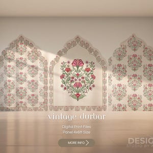 May include: Three decorative wall panels with a vintage floral design. The panels feature a cream background with pink and green floral patterns. The central panel showcases a large floral arrangement. The text "vintage durbar" is at the bottom.