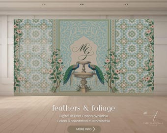 May include: A digital backdrop featuring a blue and green geometric pattern with peacocks and a fountain. The text "feathers & foliage" is at the bottom of the image. The text "Digital or Print Option available" is below the first line of text. The text "Colors & orientation customizable" is below the second line of text. The text "MORE INFO >" is below the third line of text. The text "THE PAPERIE" is at the bottom right corner of the image.