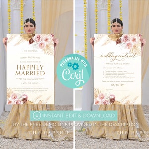 May include: A printable wedding contract sign featuring a floral design. The text reads "wedding contract" and "Parties Yuvaraj & Aniyah". The sign also includes the text "No Entry!" and a space for a signature.