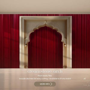 May include: A cream-coloured archway with intricate carvings stands before a deep red curtain backdrop. The arch is framed by a light beige border. The text "creamstone arch" is displayed at the bottom, along with additional text and a "MORE INFO" button.