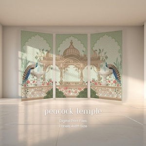 May include: A three-panel digital print featuring a peacock temple design. The artwork showcases a beige temple with a dome, peacocks, and floral accents. The text "peacock temple" and "Panels 4x8ft Size" are visible.