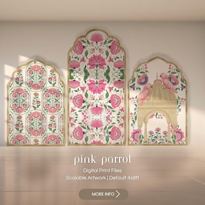 Könnte beinhalten: Drei dekorative Wandpaneele mit goldenem Rand. Die Paneele zeigen Blumen- und Papageienmotive in Rosa, Grün und Creme. Der Text "pink parrot" steht unten, zusammen mit "Digital Print Files" und "Scalable Artwork | Default 4x8ft".