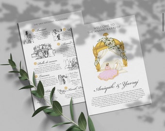 May include: A wedding invitation with a gold and white floral design. The invitation features a traditional Sikh wedding ceremony with a couple in a pink and gold canopy. The text reads "Welcome to the Anand Karaj of Aniyah & Yuvraj".