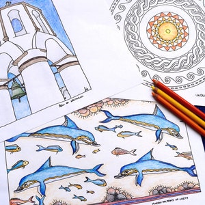 Greece Coloring or Watercolor Pages with hand-drawn images // travel activities // gifts for travelers // honeymoon gifts