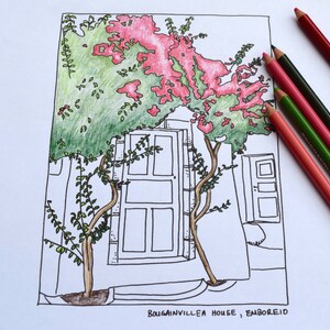 Santorini Island Coloring or Watercolor Pages  with hand-drawn images // travel activities // gifts for travelers // honeymoon gifts