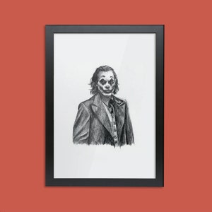 Ingelijste A3-afdruk van originele potloodtekening van Joaquin Phoenix als The Joker - Cadeaus voor filmfans - DC Comic Movie Wall Art