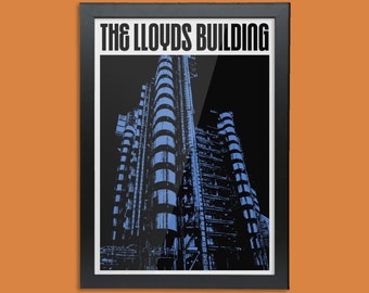 Framed A3 Architecture Print - London Illustration of Lloyds Building - Brutalist poster, blue modern wall art with retro font - 60s style