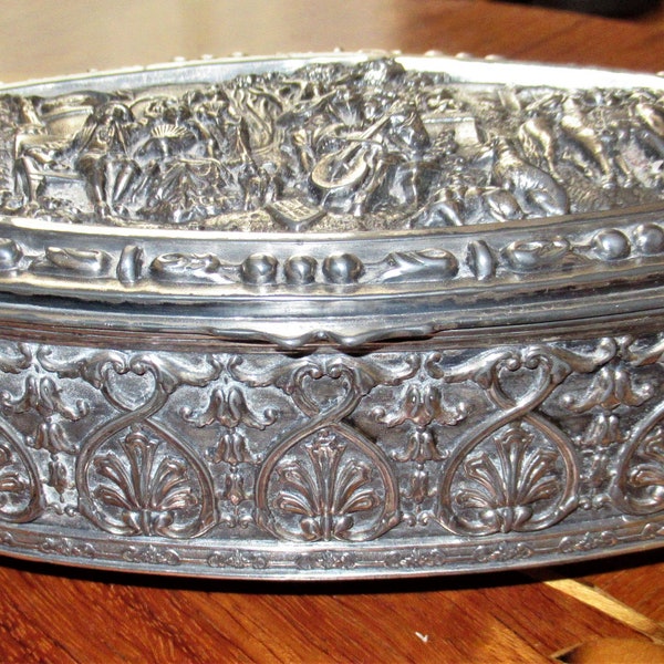 Antique JB 2555 jewelry casket trinket ornate box cast metal silver plated 1930's