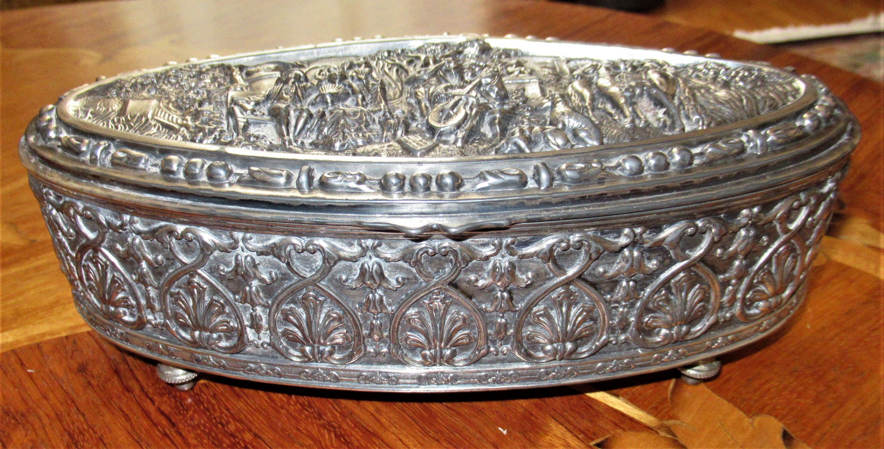 Antique JB 2555 Jewelry Casket Trinket Ornate Box Cast Metal