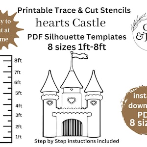 1ft to 8ft Castle with hearts silhouette templates bundle, woodworkingpattern ,pdf printable digital stencil set , yard art christmas lawn