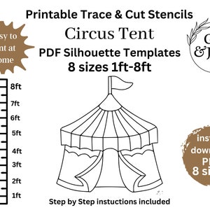 Pode incluir: Contorno preto e branco imprimível de uma tenda de circo com uma bandeira no topo. A tenda é mostrada com uma régua para indicar oito tamanhos diferentes de 1 pé a 8 pés. O texto "Printable Trace & Cut Stencils Circus Tent PDF Silhouette Templates 8 sizes 1ft-8ft" está no topo da imagem. O texto "GG & Jack" está em um círculo no canto superior direito da imagem. O texto "instant download PDF 8 sizes" está em um círculo no canto inferior direito da imagem.