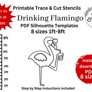 life size funny flamingo drinking PDF template ,Printable trace and Cut summer Silhouette Decorations Templates / Stencils, instant download